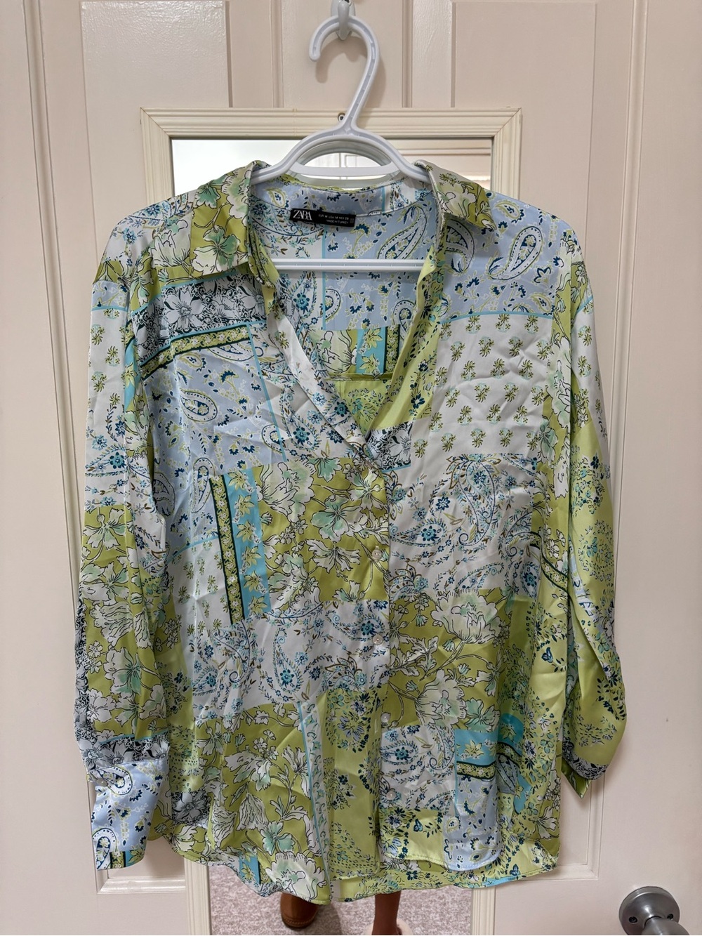ZARA Light Green & Blue Patchwork Floral Button-Down Shirt